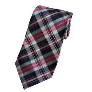Lauren Ralph Lauren Silk Tie Plaid Pink Navy Blue Turquoise Skinny 59" Long 3.3W